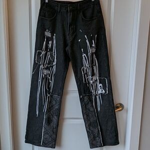 Wide Leg Method Madness Black Women's Jeans with Artistic Design Size M